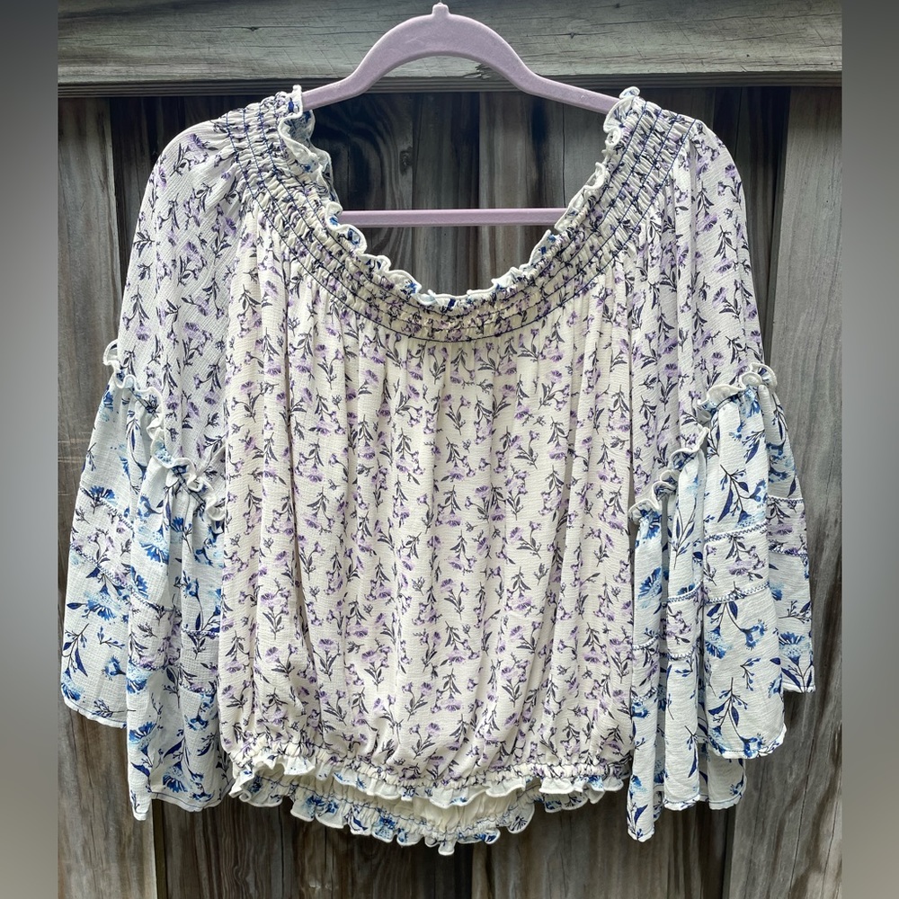 Free People, off the shoulder flowy top.